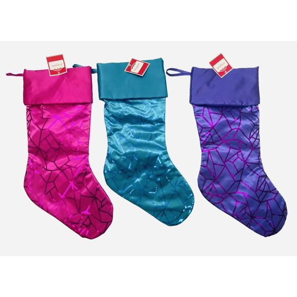 Holiday Time Christmas Foiled Design Embellished Stockings Set Of 3 Multicolor - Picture 10 of 12